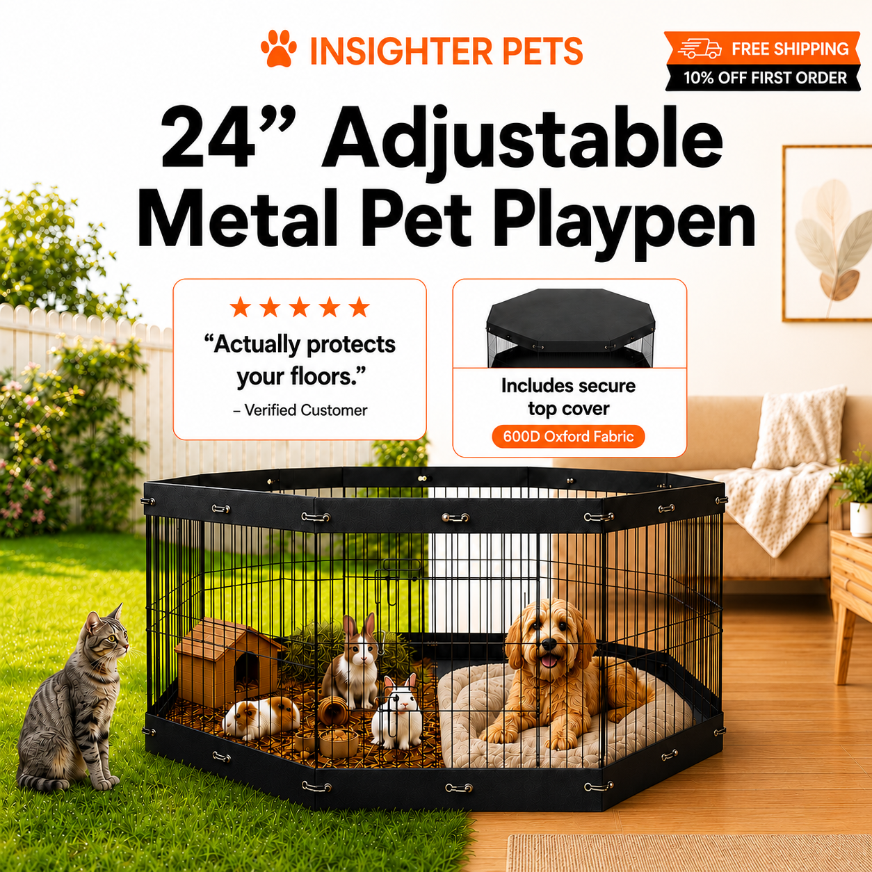 24” Adjustable Metal Pet Playpen with Waterproof Mat & Top Cover